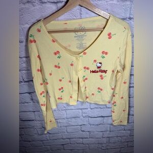 HELLO KITTY Sanrio XS Crop Long Sleeve Button Up‎ Top Yellow Cherries